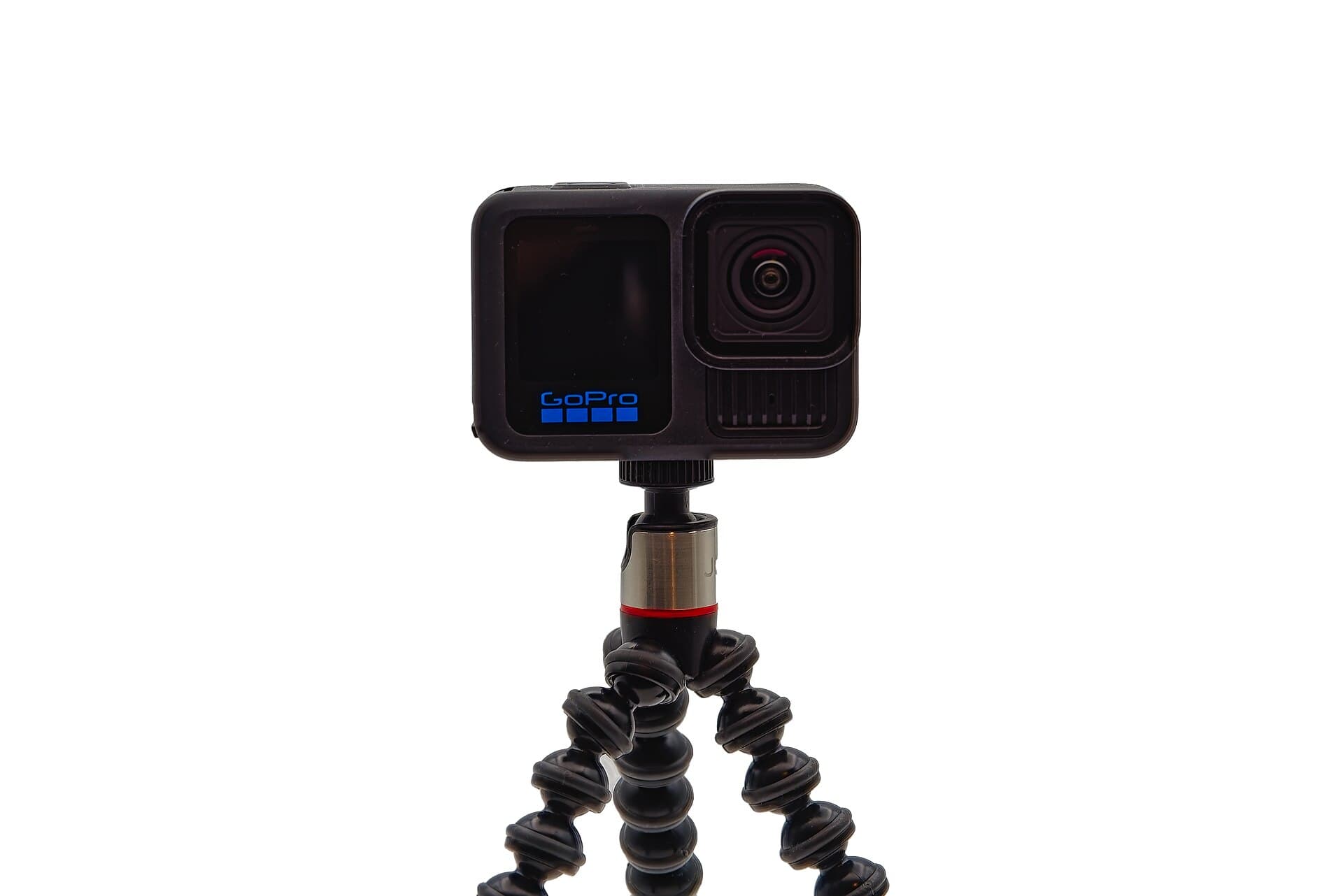 GoPro HERO13 Black action camera mounted on a flexible tripod, front view showing the front screen and lens