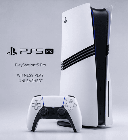 Concept render of a PlayStation 5 Pro-style console with DualSense controllers