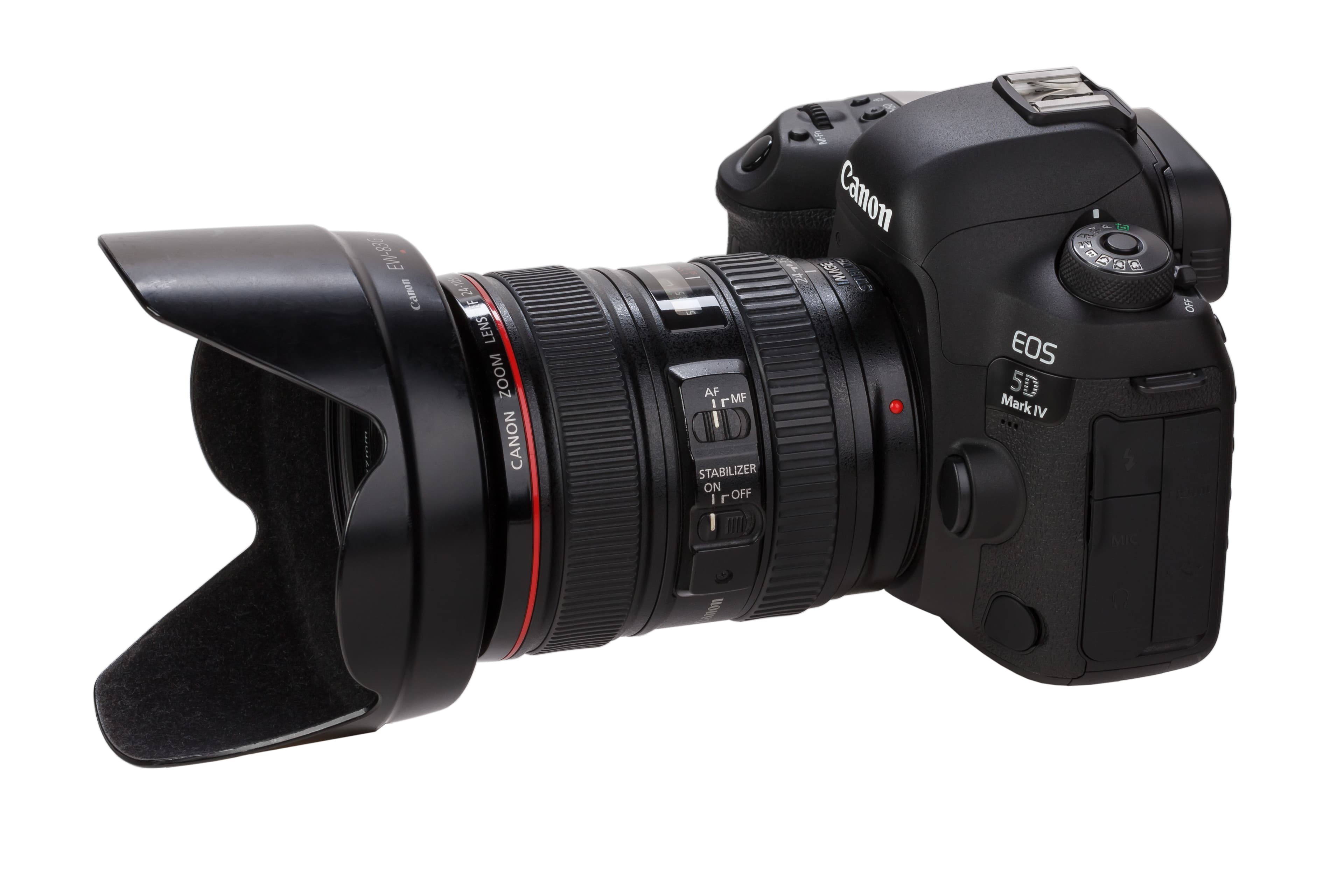 Canon EOS 5D Mark IV DSLR camera body, front three-quarter view