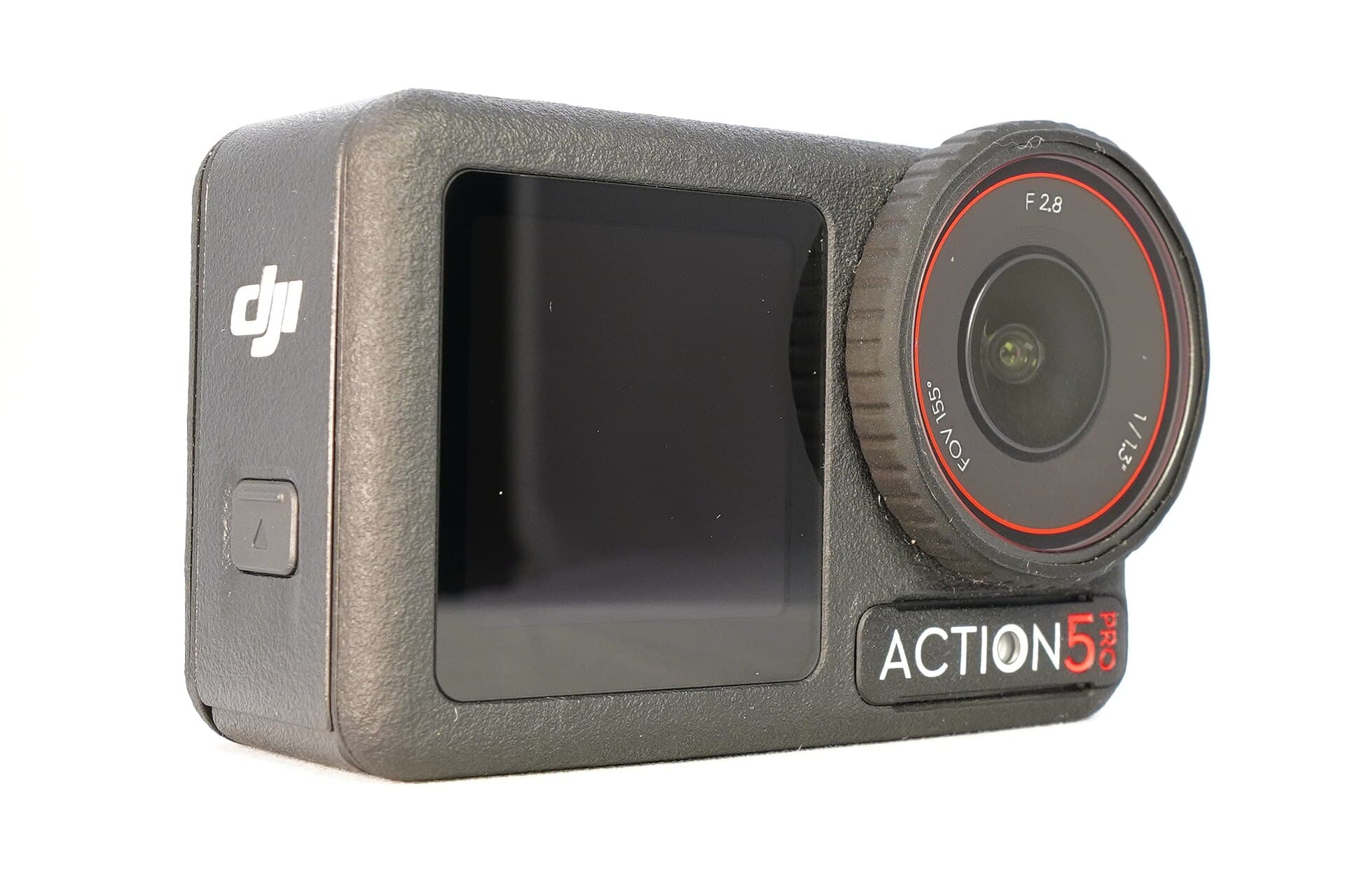 DJI Osmo Action 5 Pro action camera, front three-quarter view showing the rear touchscreen and the f/2.8 lens ring