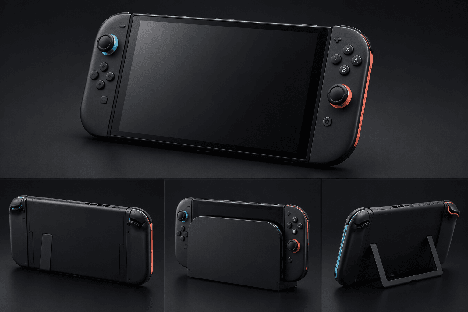 Concept render showing multiple views of a Nintendo Switch 2-style handheld console
