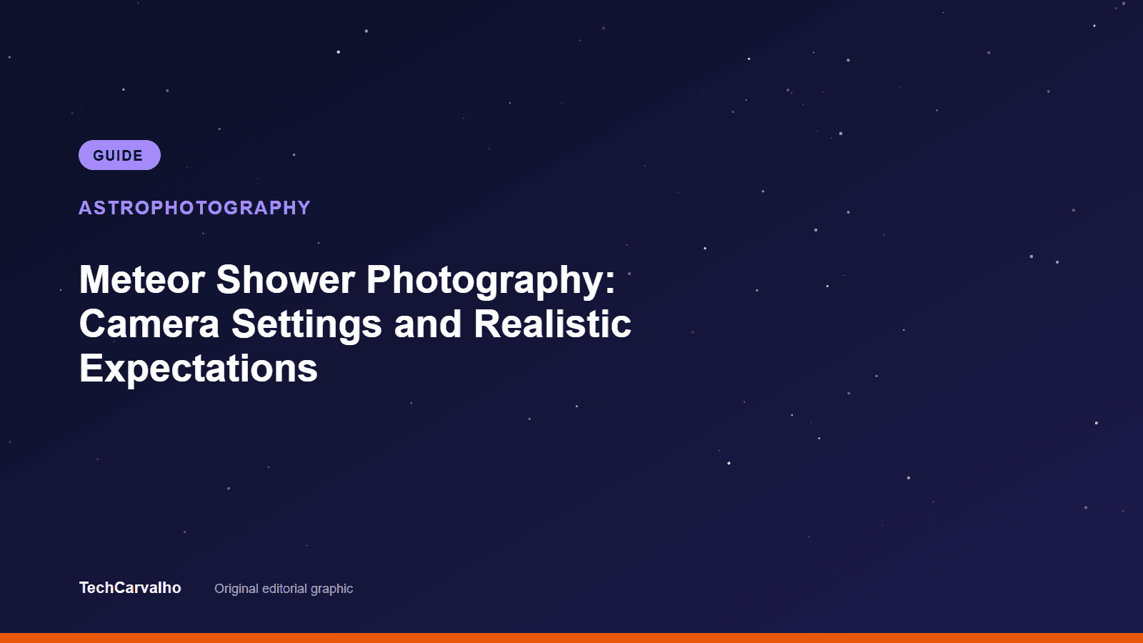 TechCarvalho editorial graphic for "Meteor Shower Photography: Camera Settings and Realistic Expectations" — Astrophotography guide