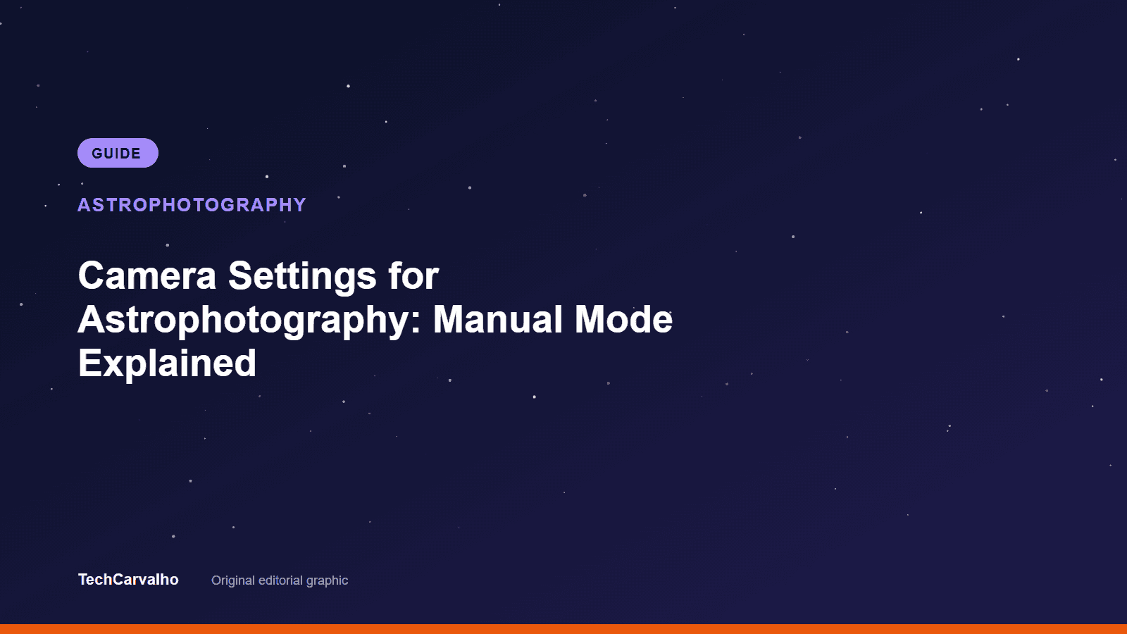 TechCarvalho editorial graphic for "Camera Settings for Astrophotography: Manual Mode Explained" — Astrophotography guide