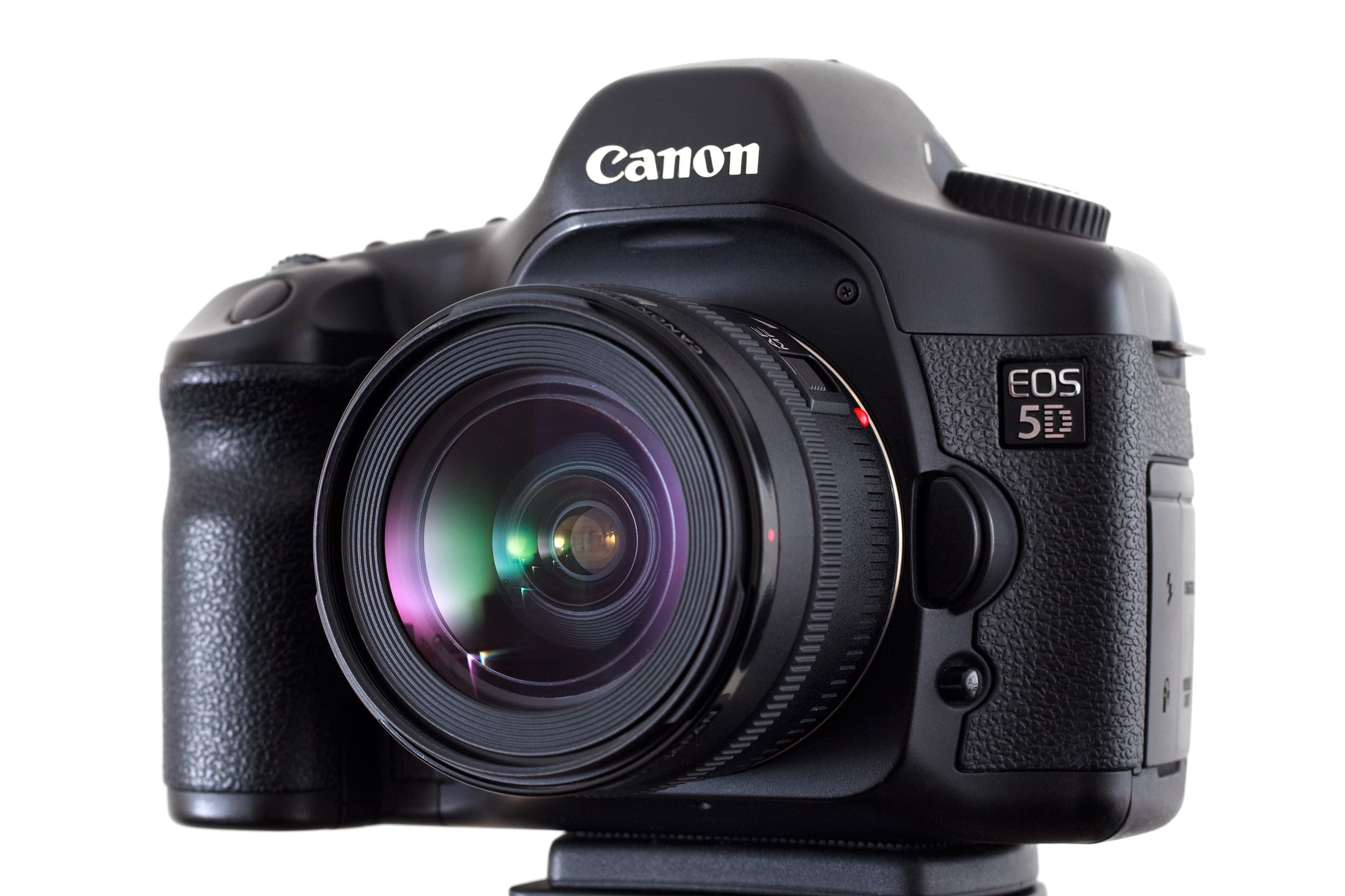 Canon EOS 5D DSLR camera body, front three-quarter view