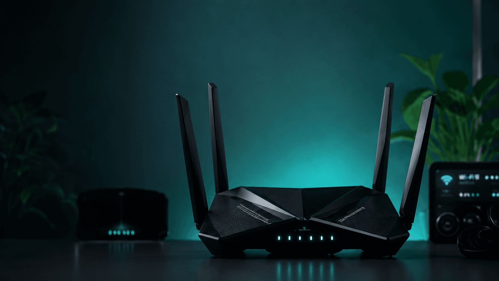 Modern Wi-Fi router with multiple antennas illuminated in a dark home networking setup.